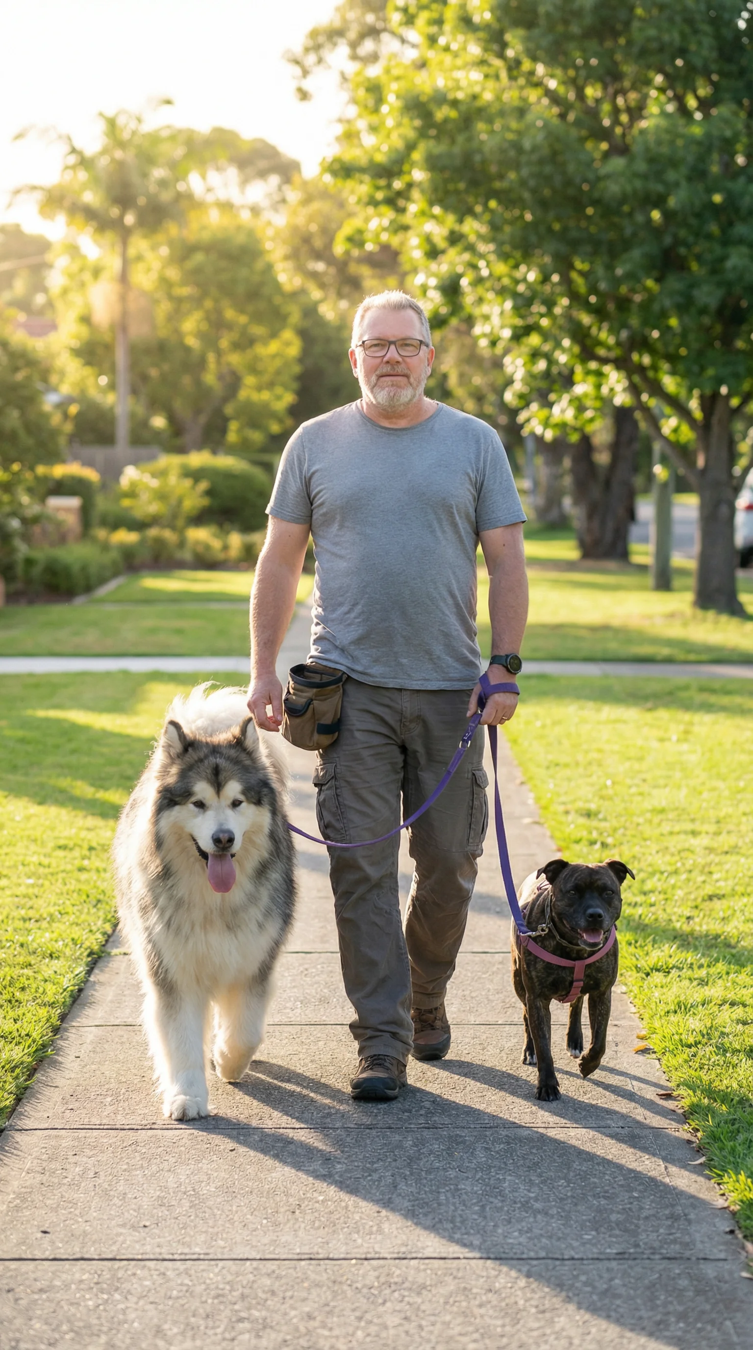 Ron Baruch walking two dogs on a sunny suburban park path, demonstrating real-world behaviour modification