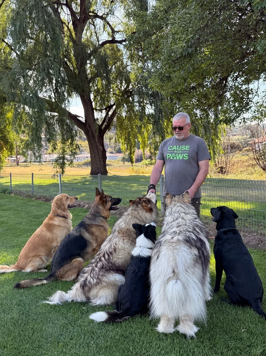 Ron demonstrating professional obedience training with multiple dogs of various breeds all sitting attentively