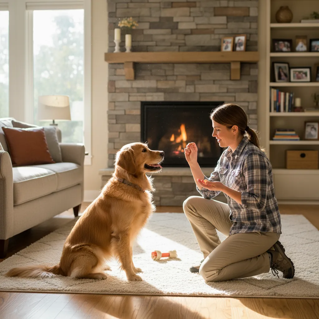 Professional dog trainer working with golden retriever in home setting