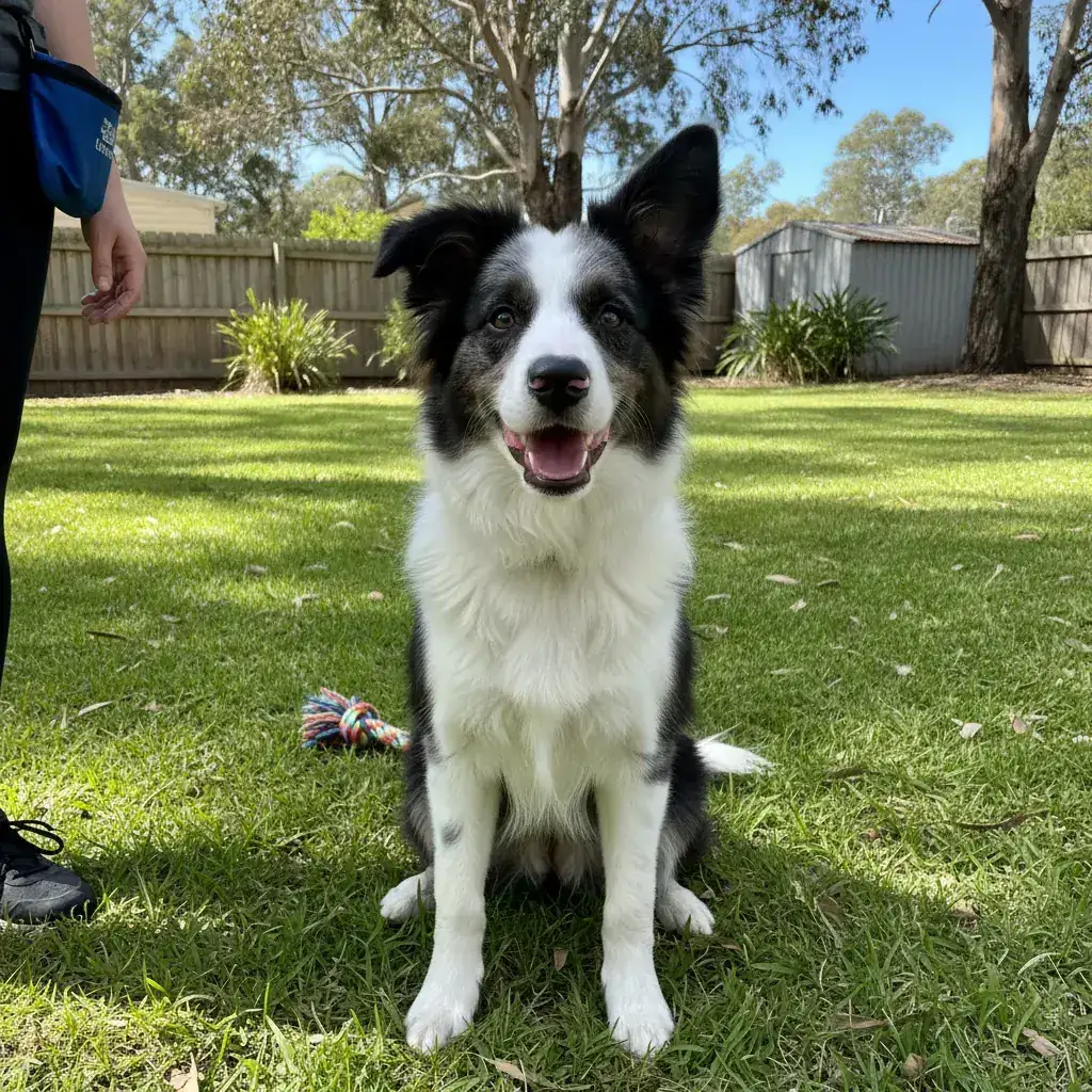 Happy border collie puppy during training session in Australian backyard