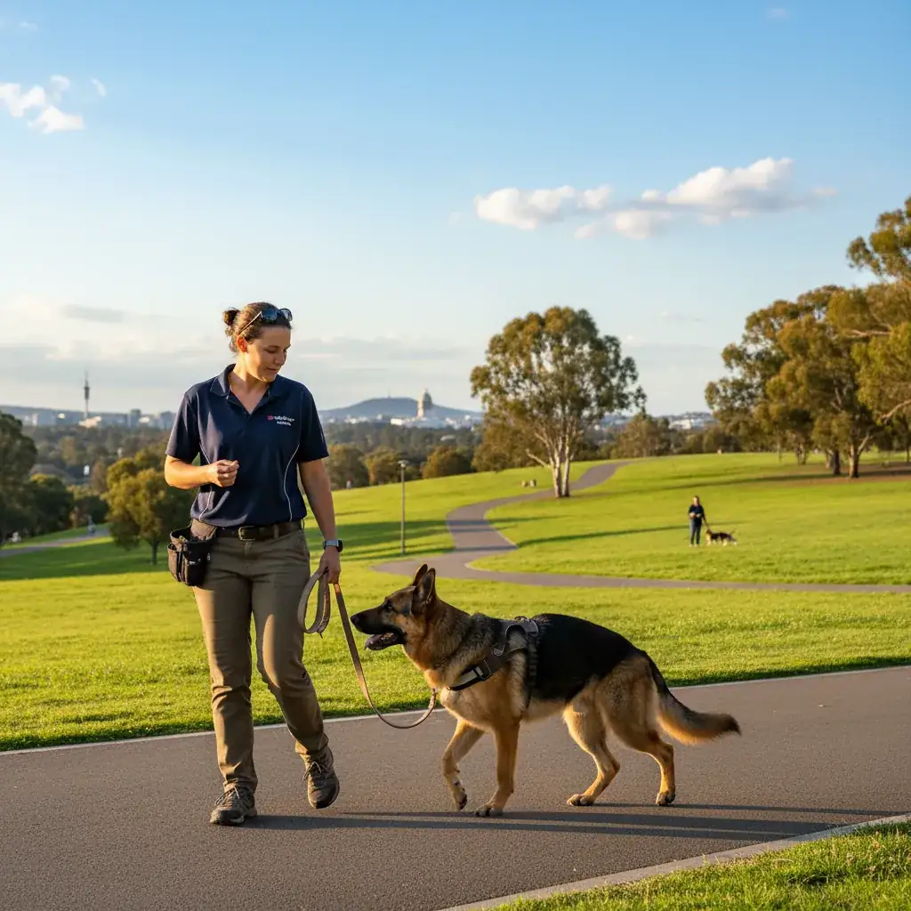 Dog behaviourist training german shepherd in Canberra park