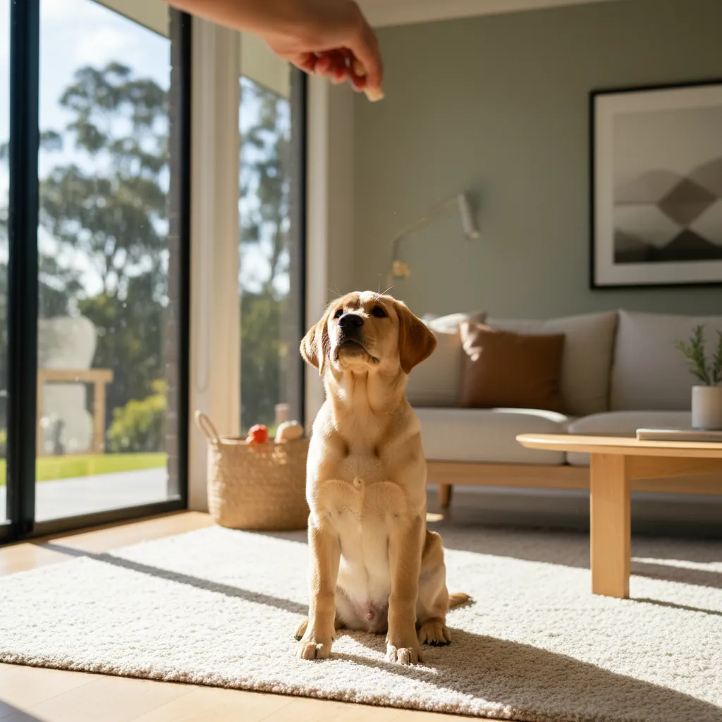 Labrador puppy learning obedience commands in modern home